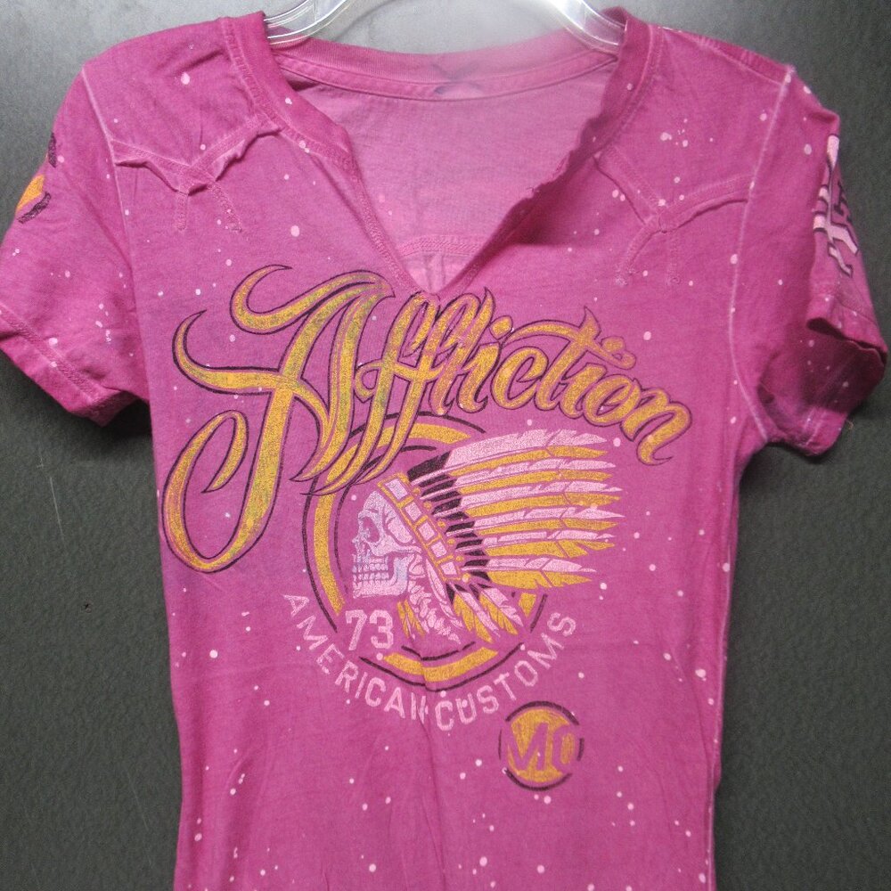 Affliction American Customs Motor Club Pink Tee Sz M